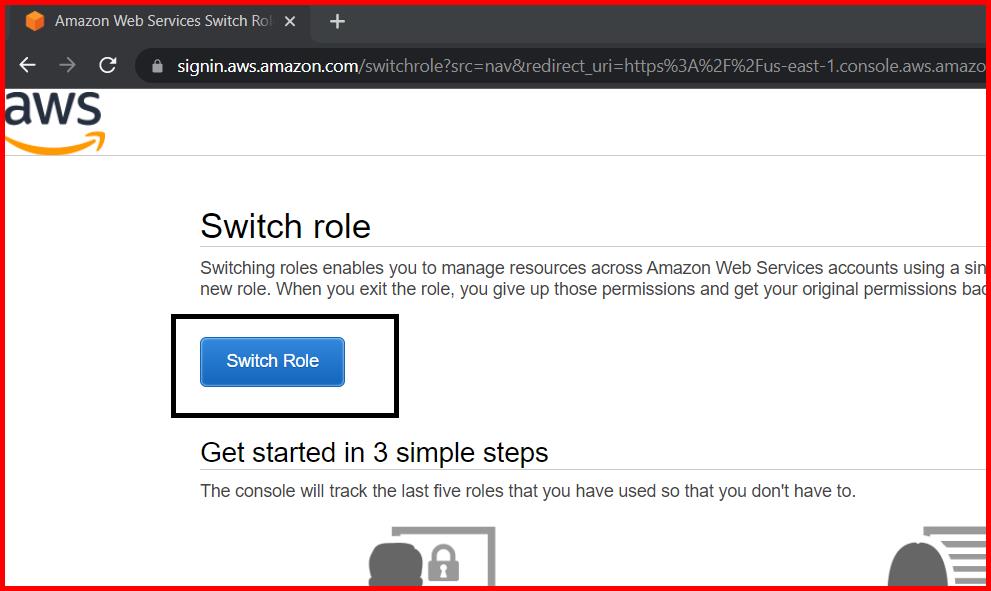 Picture showing the switch role screen in AWS console